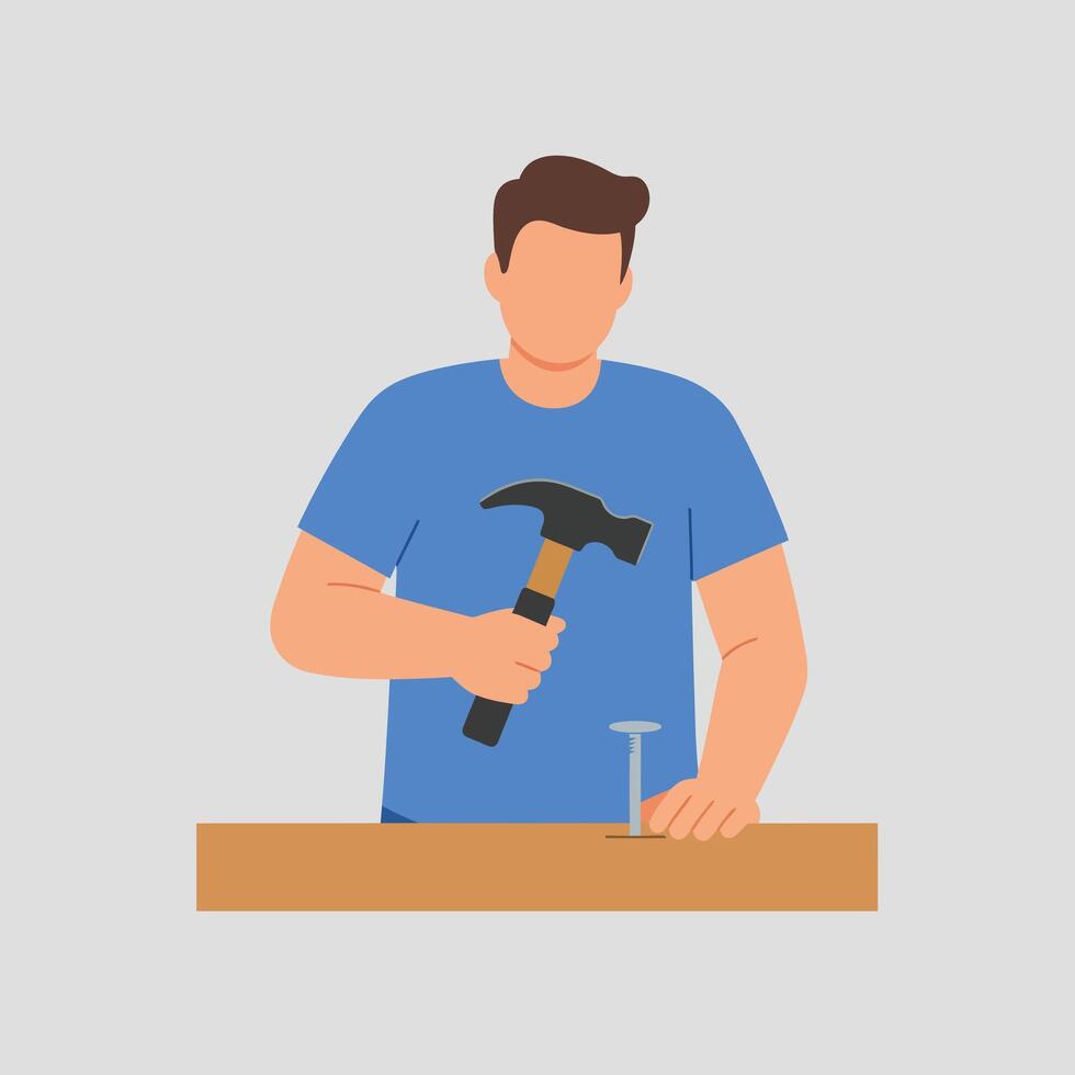 Man using a hammer on wood in flat illustration style vector