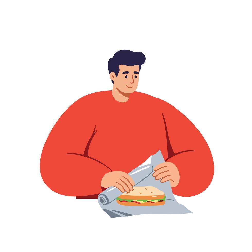 Person unwrapping a sandwich in a minimal flat design illustration vector