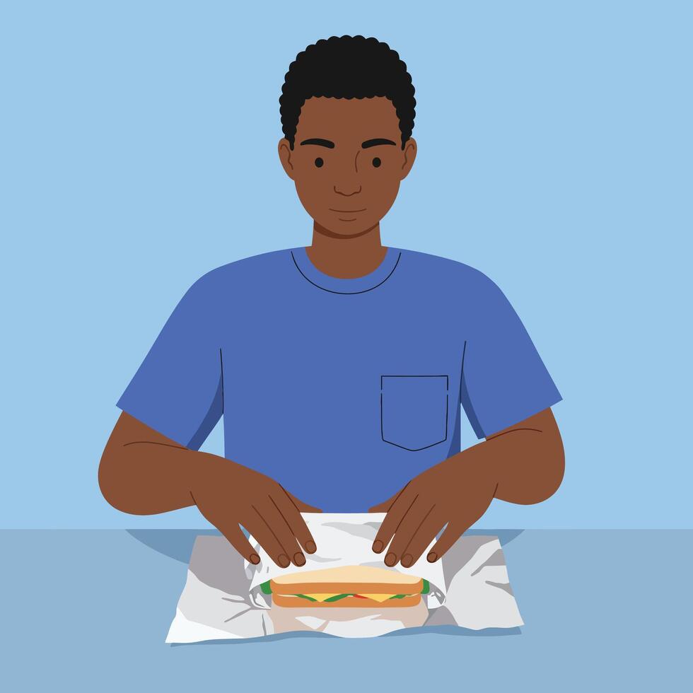 Young man preparing to eat sandwich in minimal flat design illustration vector