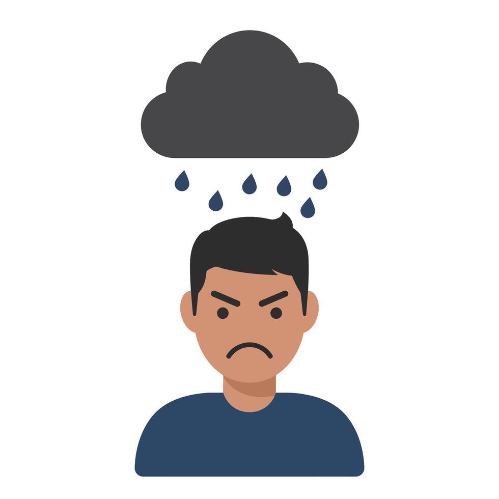 Sad man with cloud and rain above his head in flat illustration vector