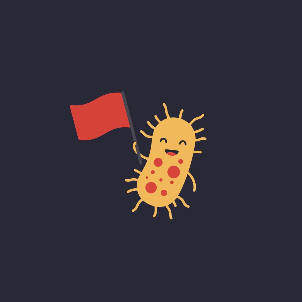 Happy cartoon bacteria character waving a red flag in minimal illustration vector