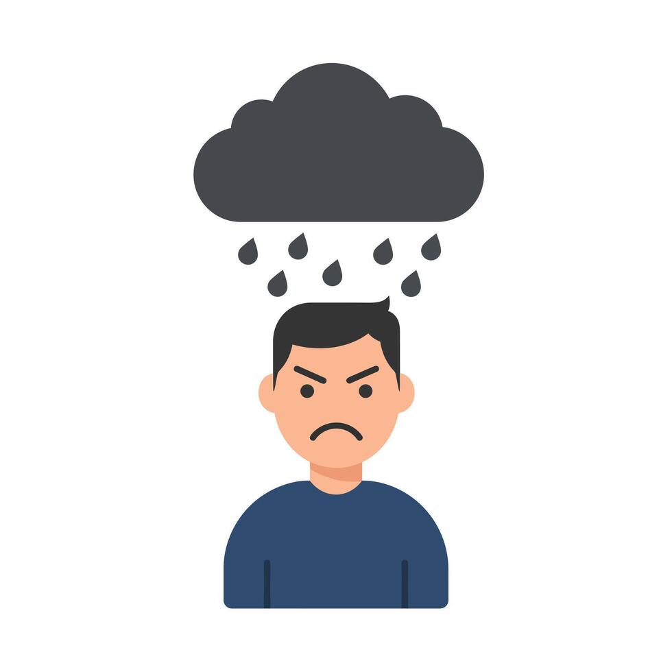 Angry man under a rain cloud in flat art style illustration vector