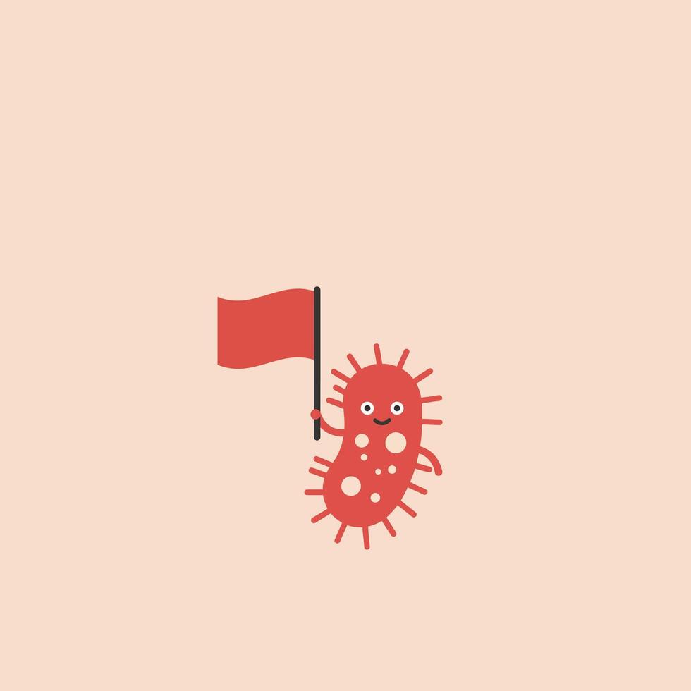 Happy cartoon bacteria character waving a red flag in flat art vector