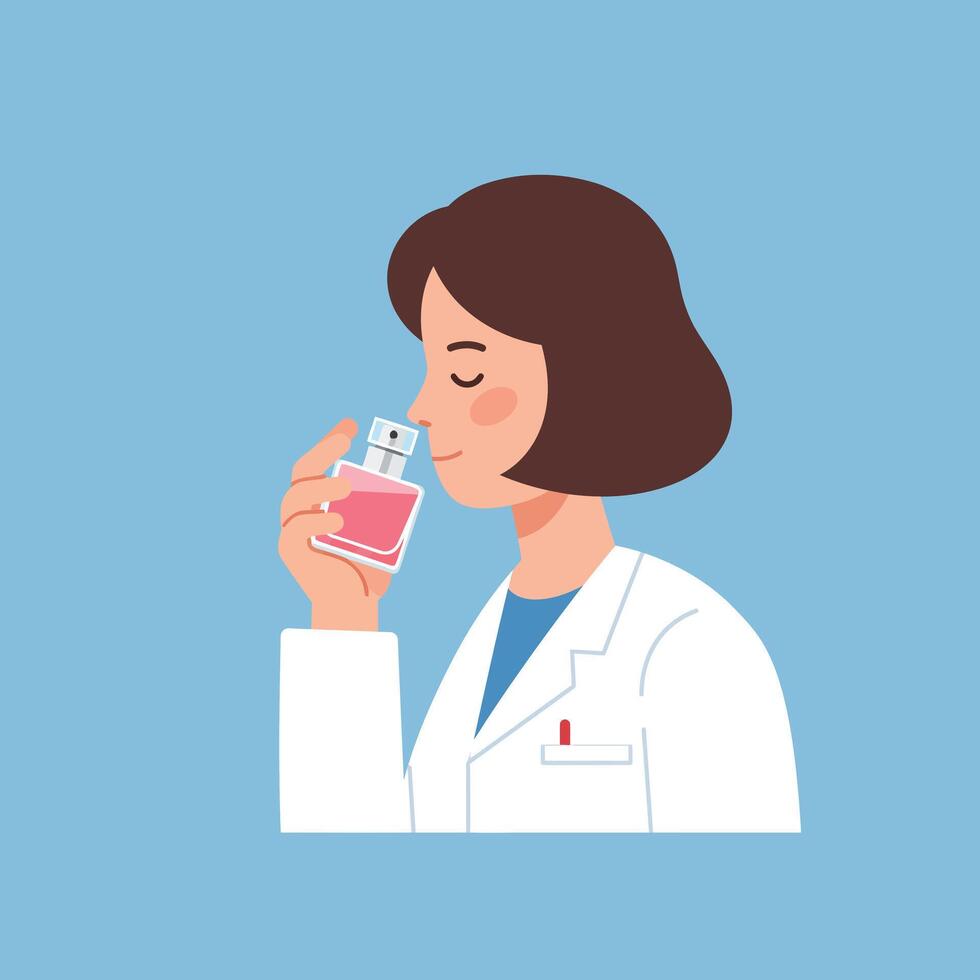 Scientist enjoying fragrance in white lab coat, flat style illustration vector