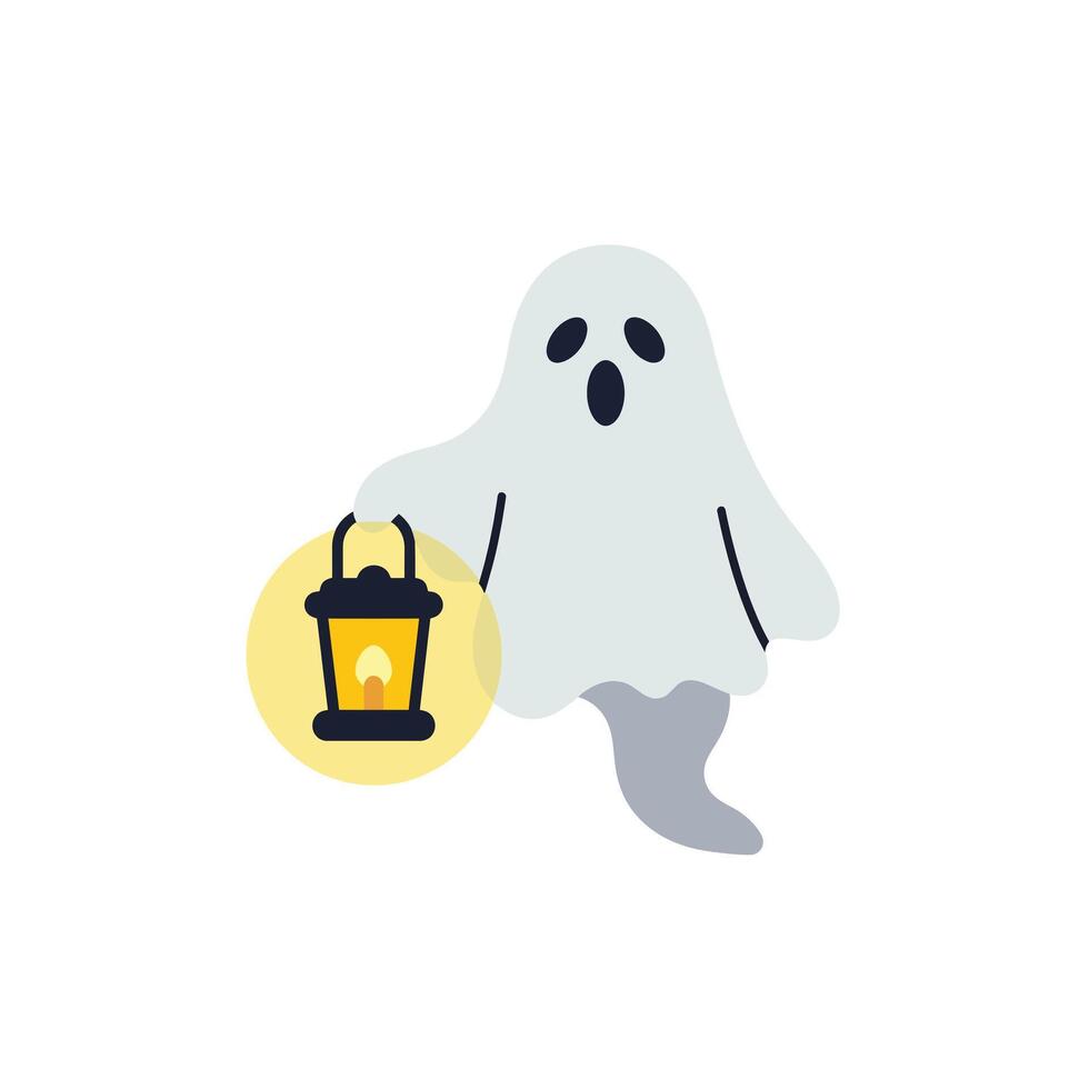 Friendly ghost holding a lantern in minimal flat art vector