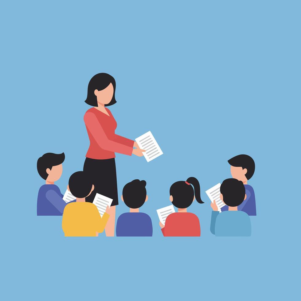 Teacher handing out papers to students in flat illustration vector