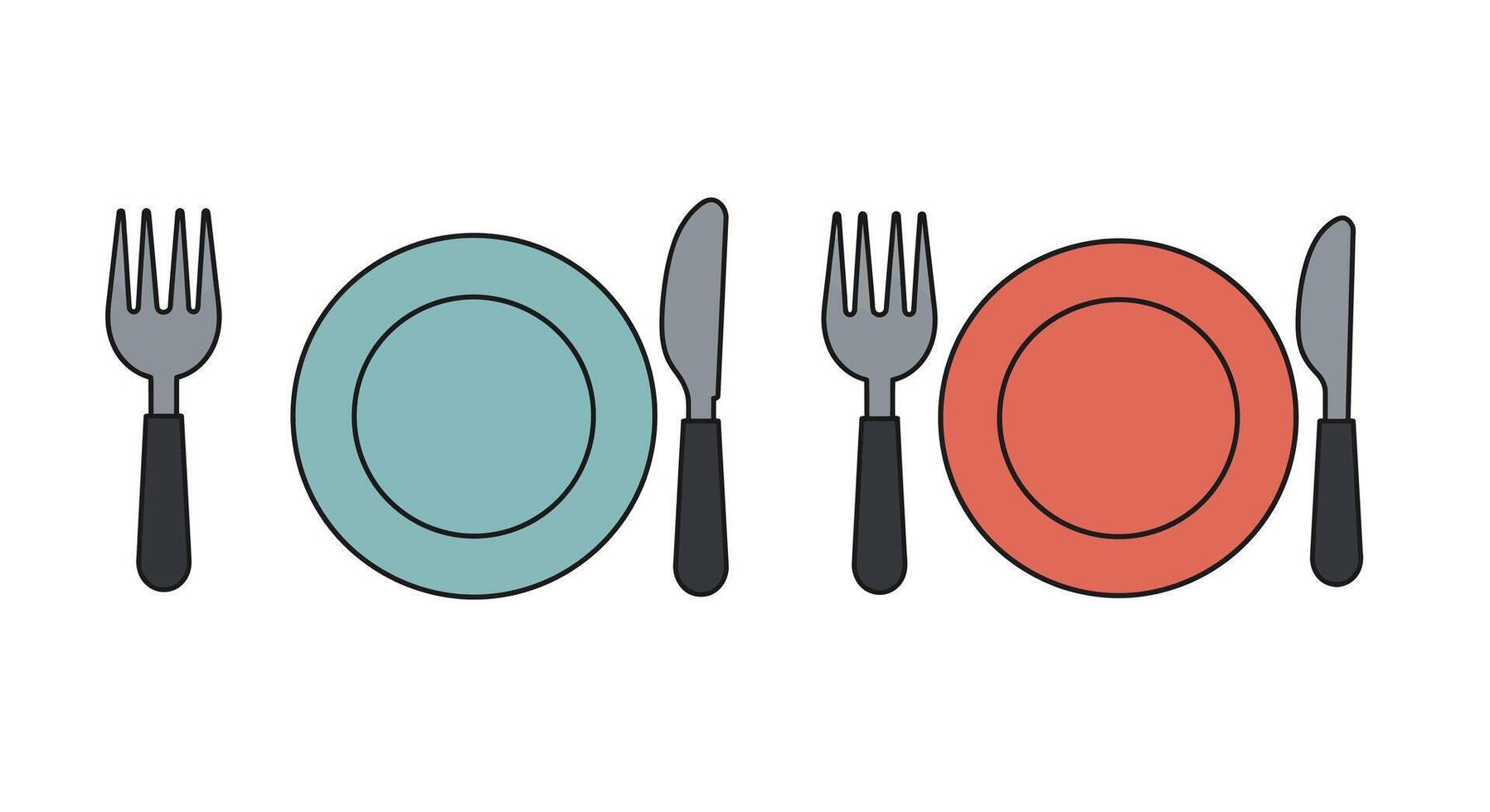 Colorful plates and cutlery arranged in flat minimal art style vector