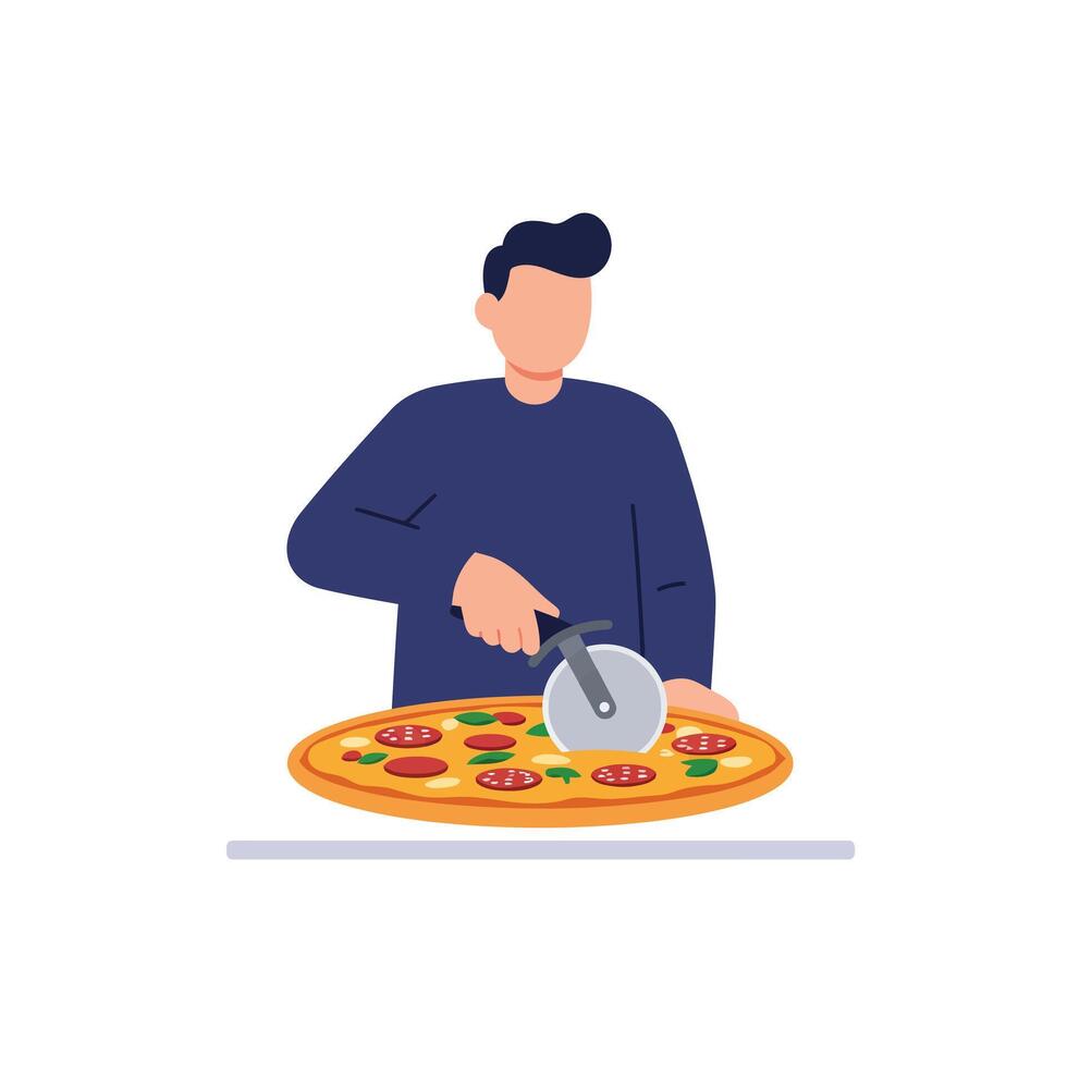 Person cutting a delicious pizza with a wheel cutter in flat art vector