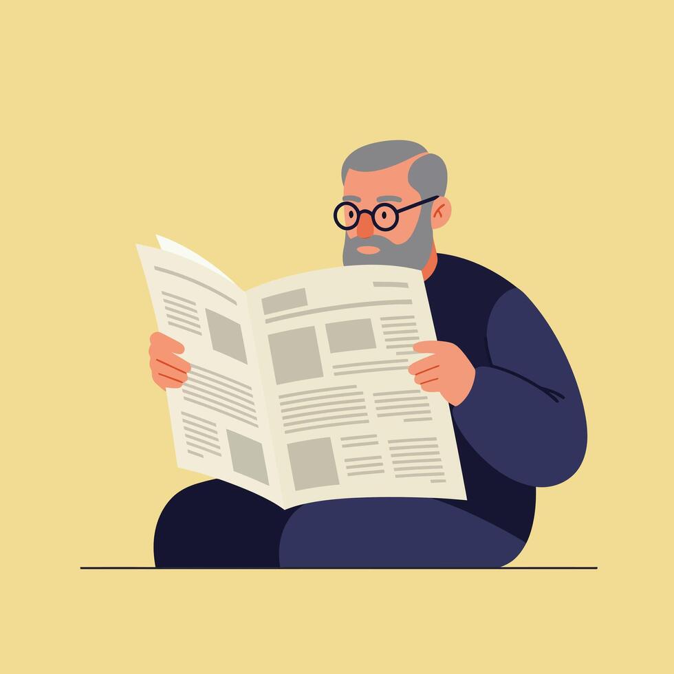 Elderly man reading newspaper in flat minimal art style vector