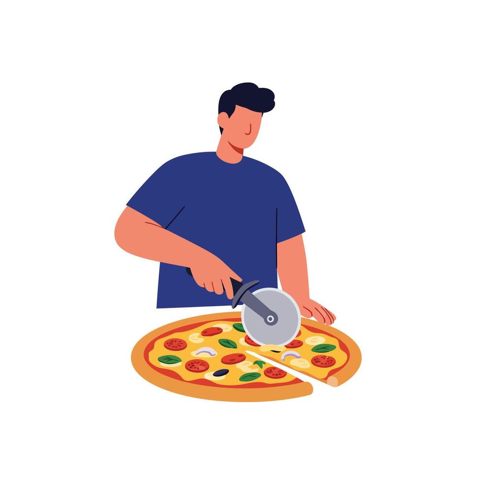 Person cutting a delicious pizza with a pizza cutter in flat art vector