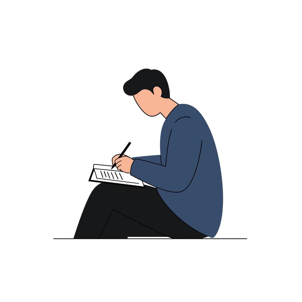Person sitting and writing in notebook with minimal flat design art vector