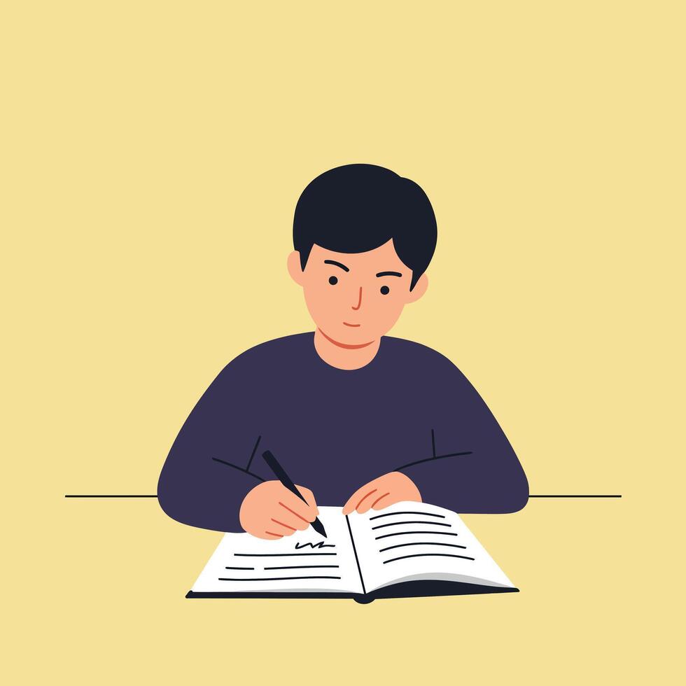 Young boy studying with notebook in minimal flat design art vector