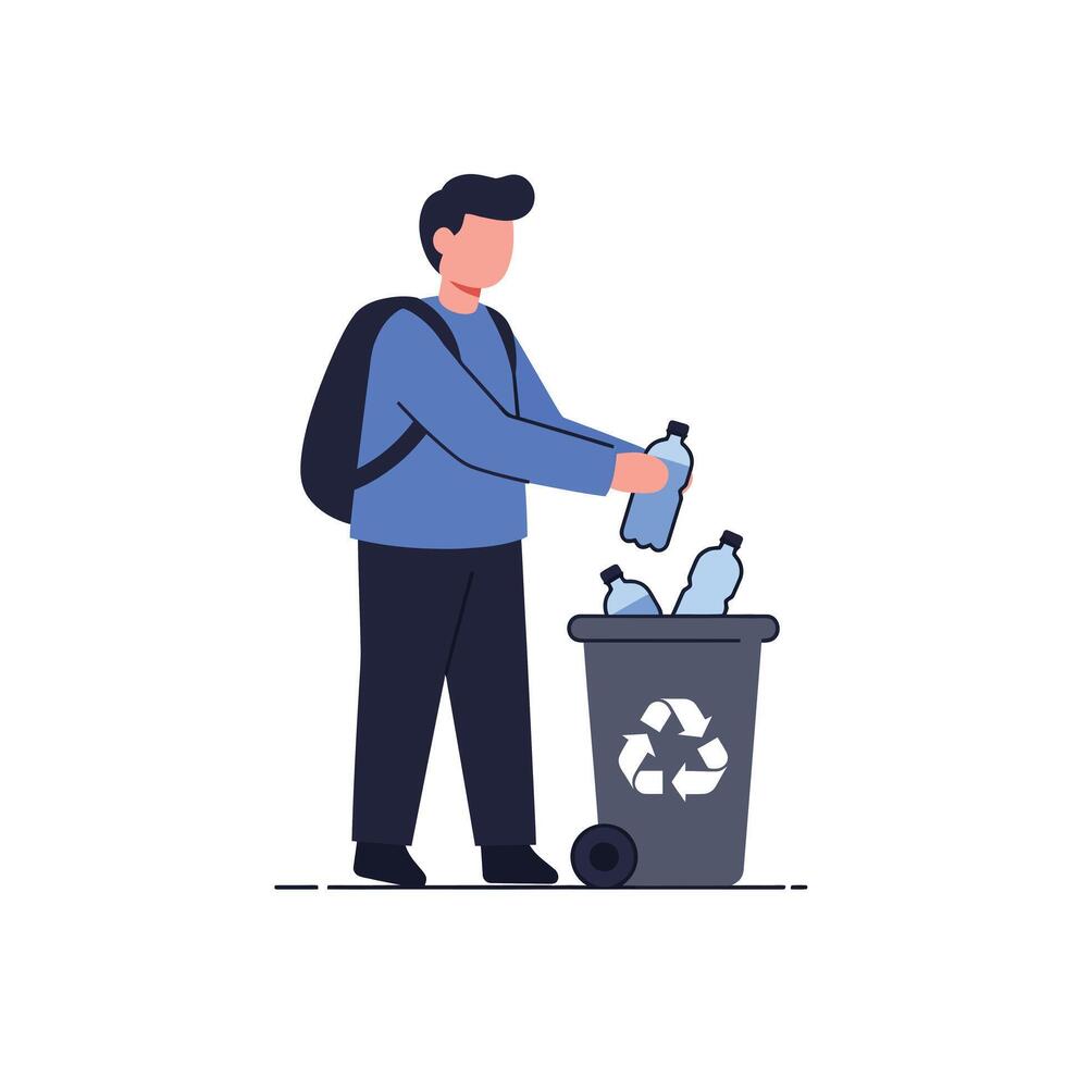 Person recycling plastic bottles with bag in flat art vector