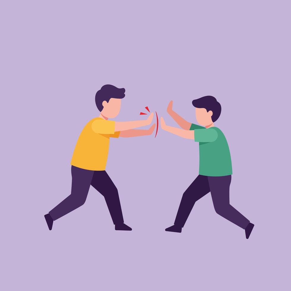 Two cartoon characters engaging in playful tug-of-war game in flat art vector