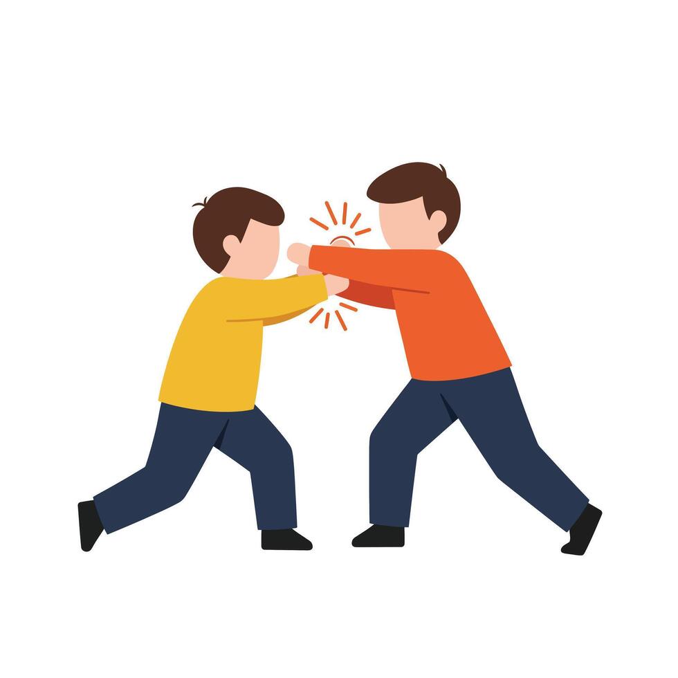 Two children playfully pushing against each other in flat art illustration vector