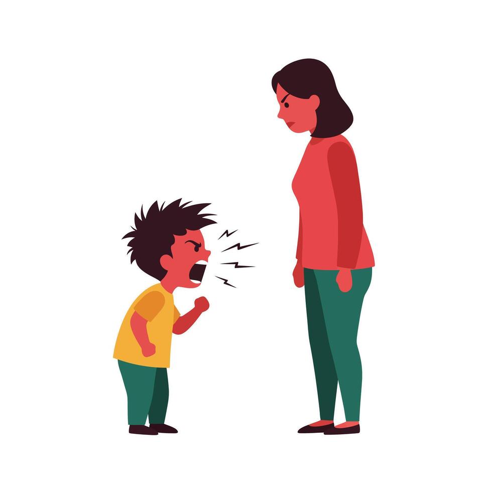 Child expressing frustration to parent in flat illustration style vector