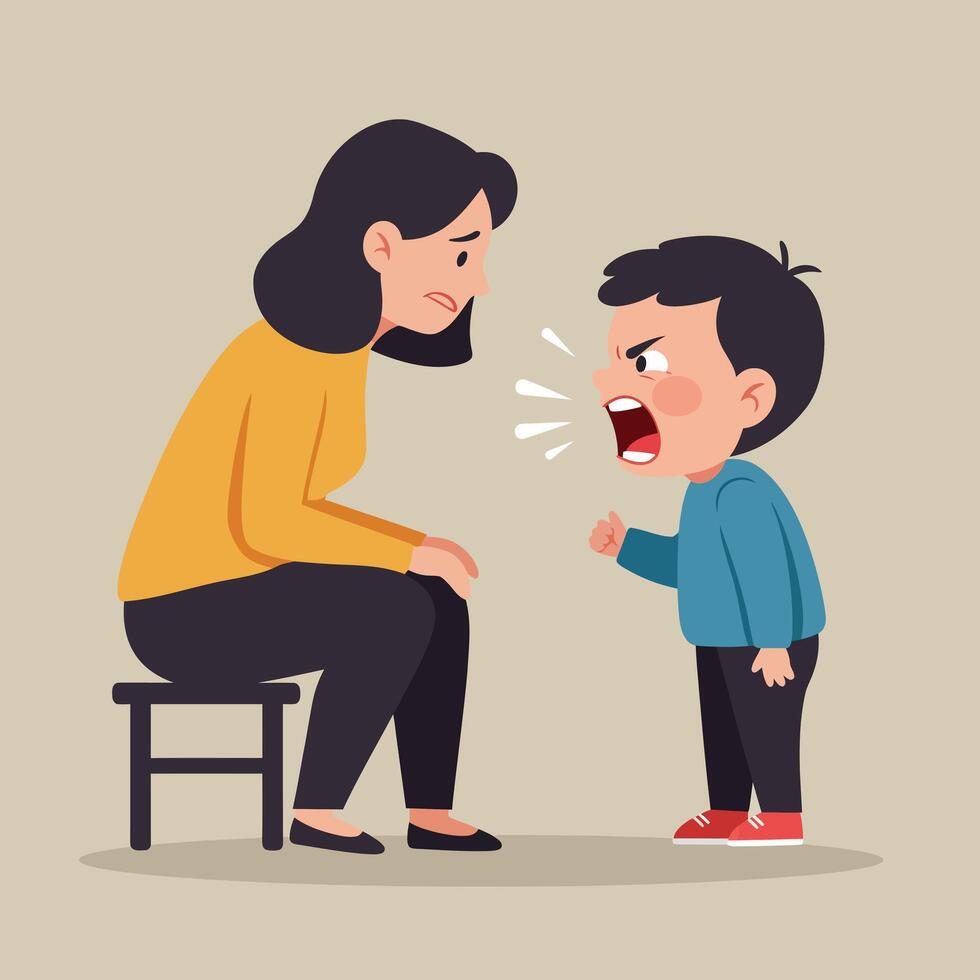 Child angrily expressing emotions to mother in flat illustration vector