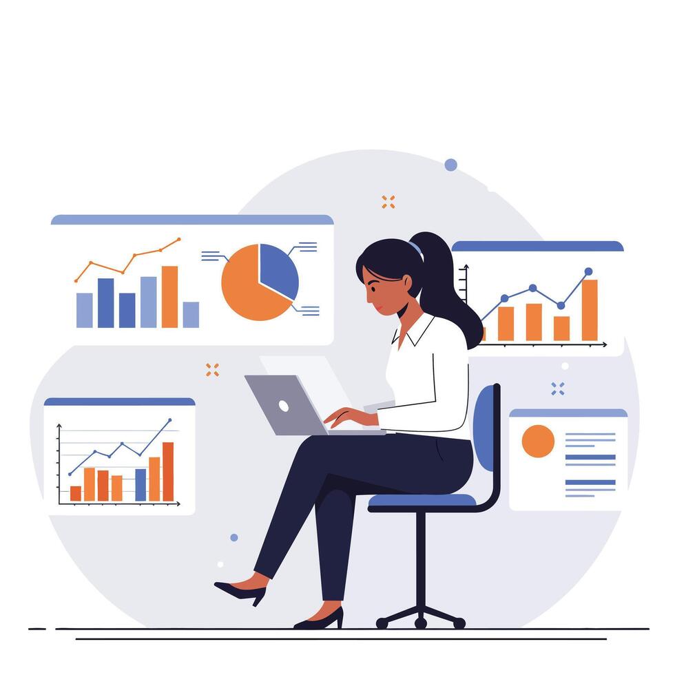 Businesswoman using laptop while analyzing charts in flat art vector