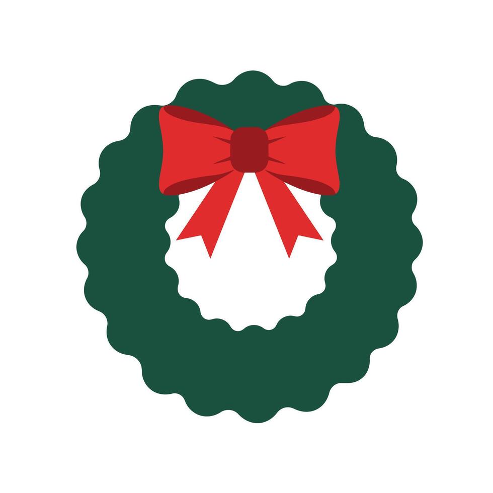 Green Christmas wreath with red bow flat art vector