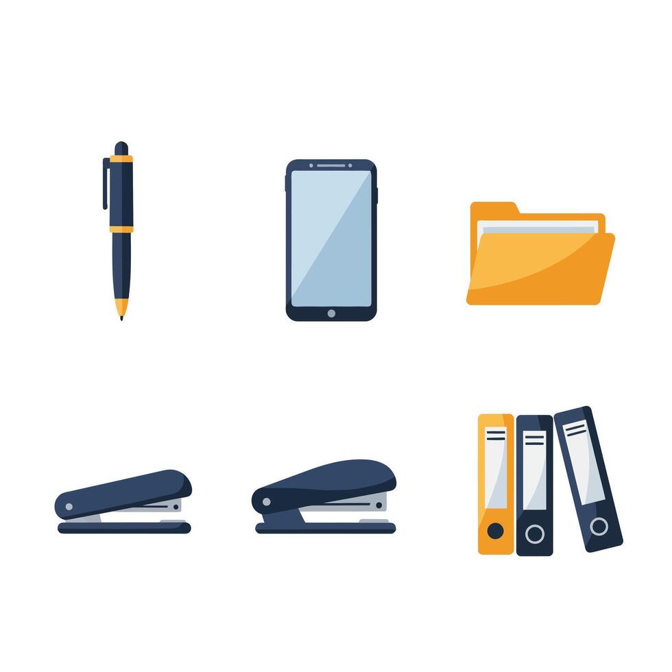 Office supplies including pen, phone, folder, stapler, and binders in flat art vector