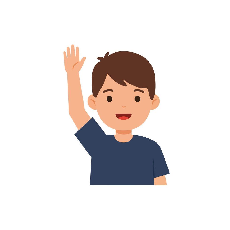 Happy child waving hand in flat, minimal design illustration vector