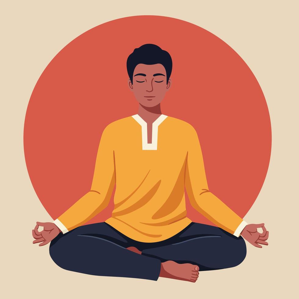 Calm individual meditating in flat style with warm colors art vector
