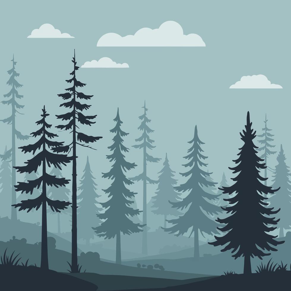 Lush green forest landscape with trees and clouds in minimal art vector