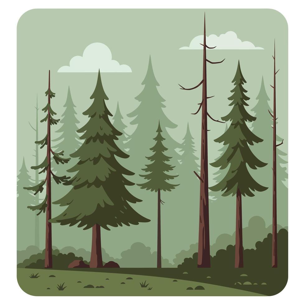 Lush green forest scene with tall trees in flat illustration vector