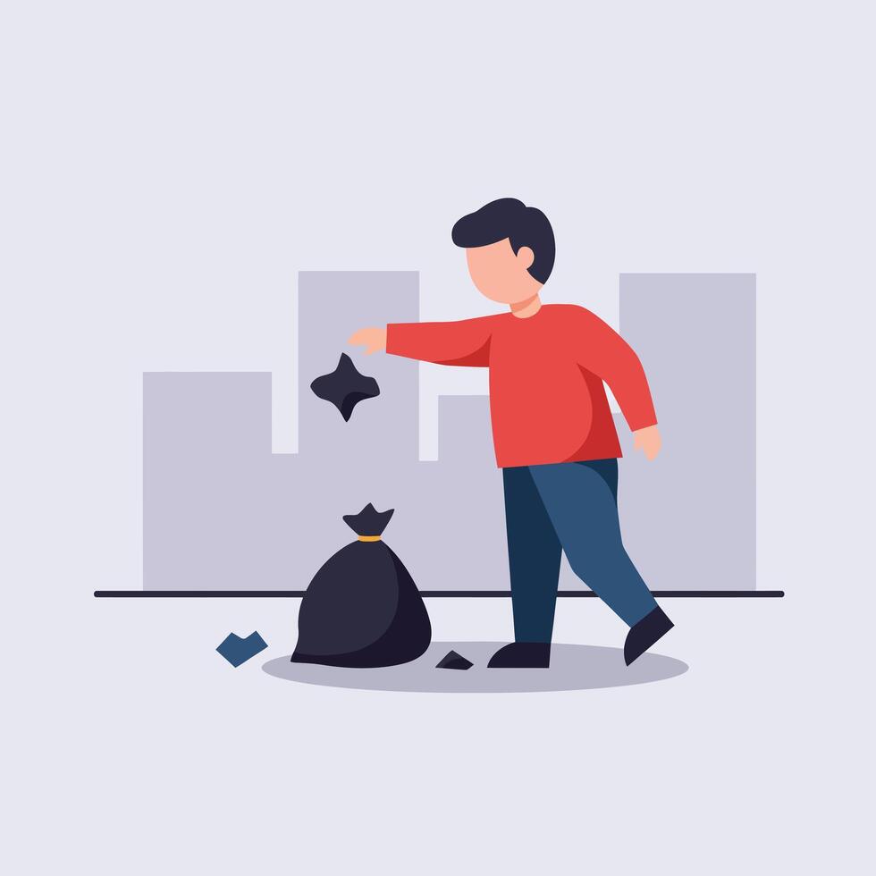 Person discarding trash in a city setting flat art vector