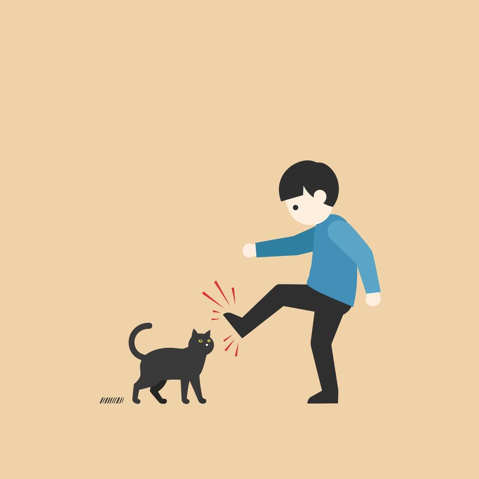 Person kicking a cat in flat minimal art illustration vector