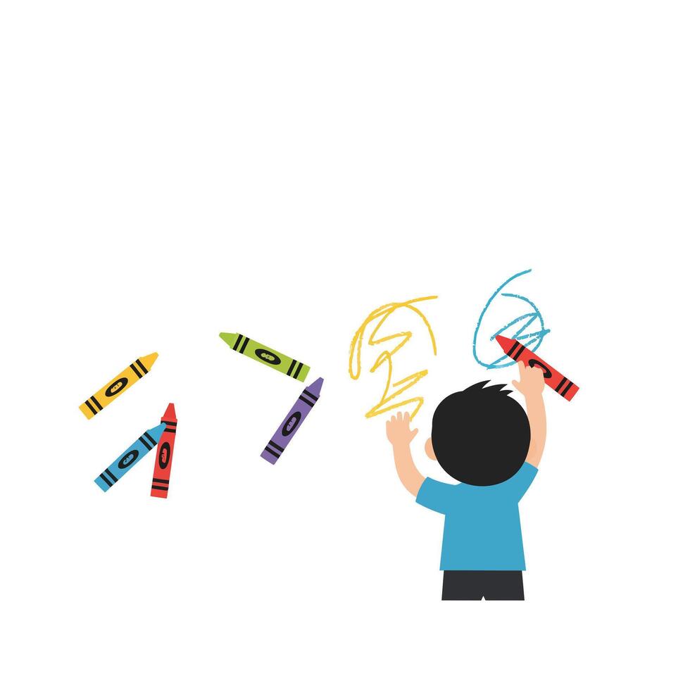 Child Drawing with Colorful Crayons in Flat Minimal Art vector