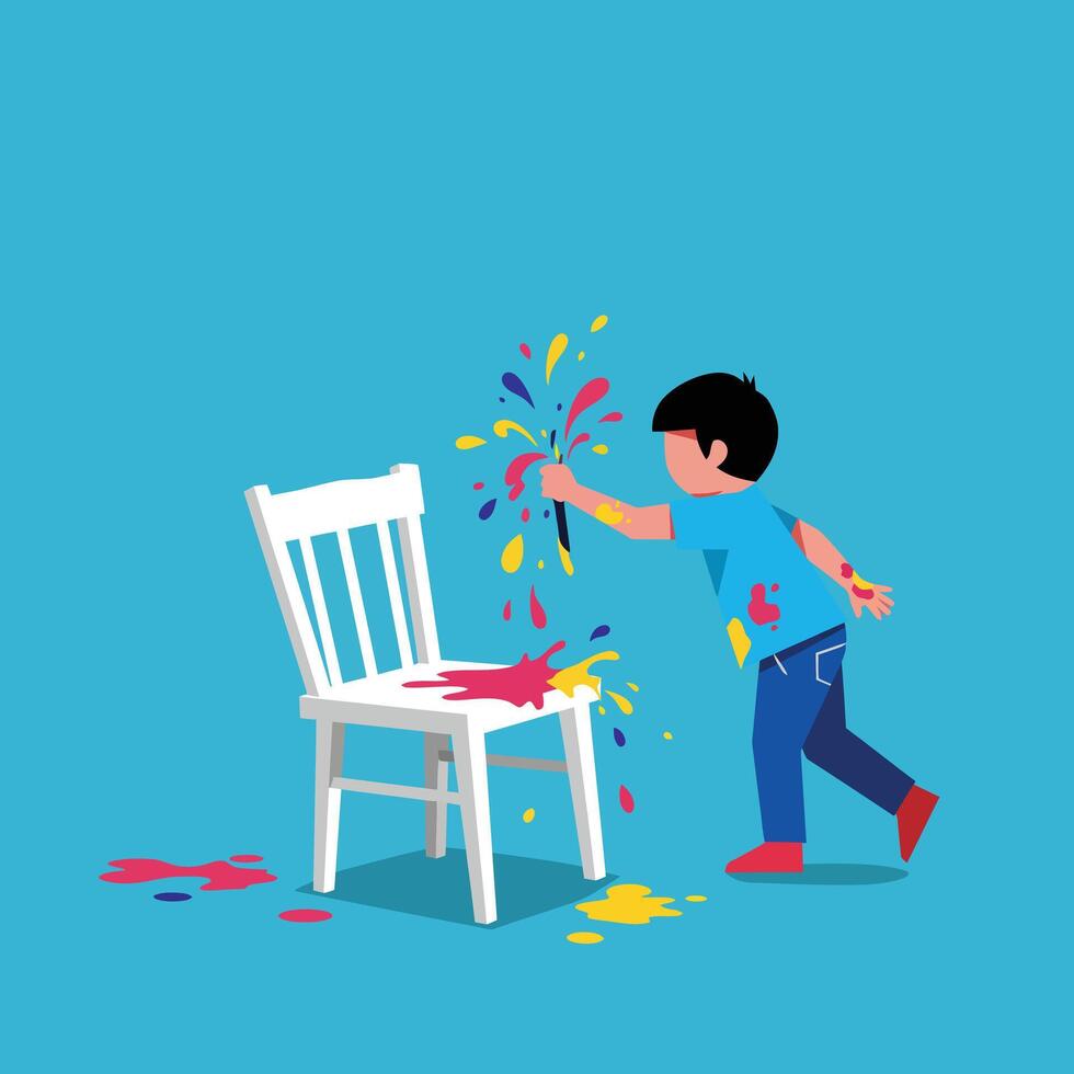 Child painting a chair with bright colors in flat art vector