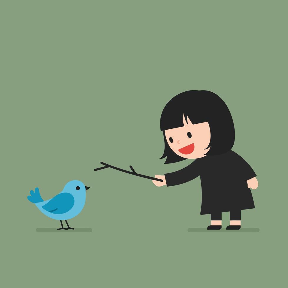 Girl reaching out to a blue bird in a flat art style vector