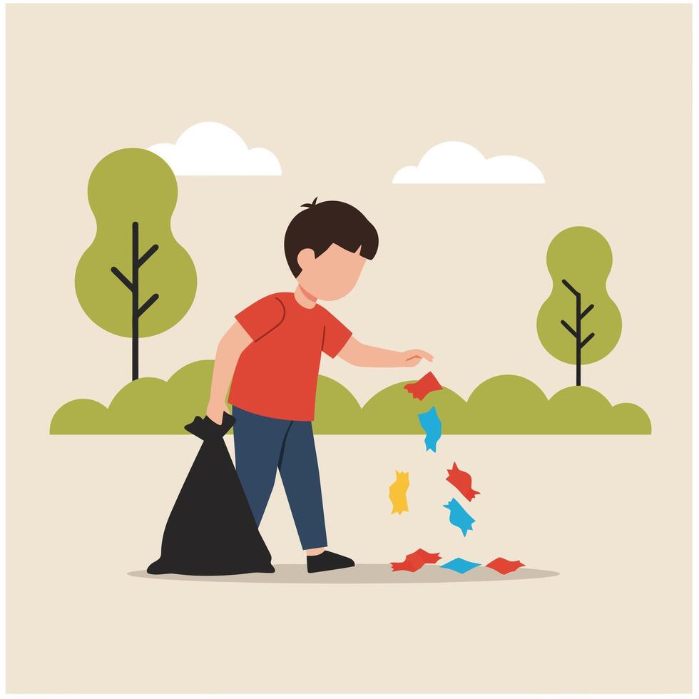 Young boy cleaning up litter in park with flat art style illustration vector