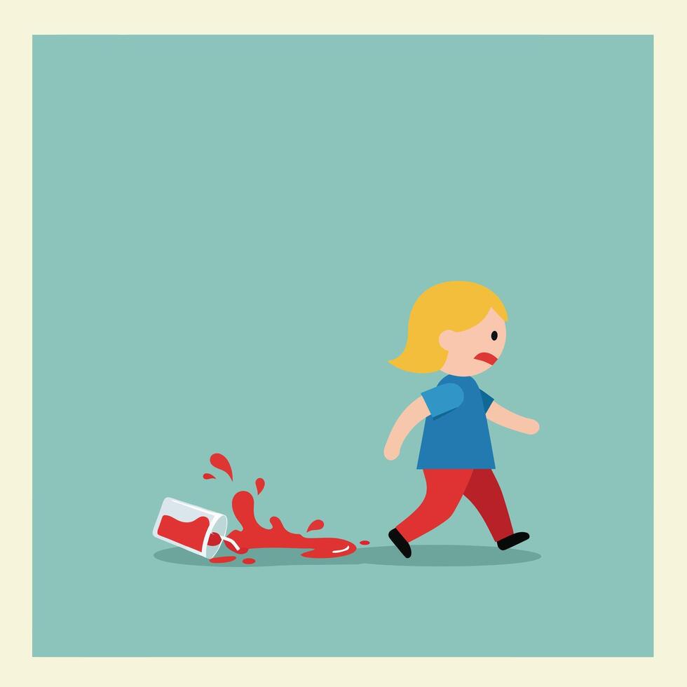 Child running away from spilled drink in flat design illustration vector