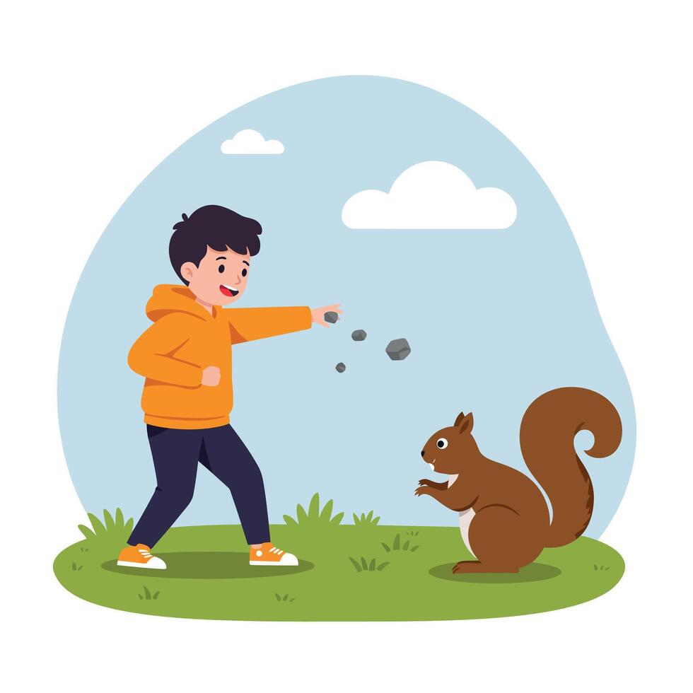 Young boy feeding a playful squirrel in a flat art style illustration vector