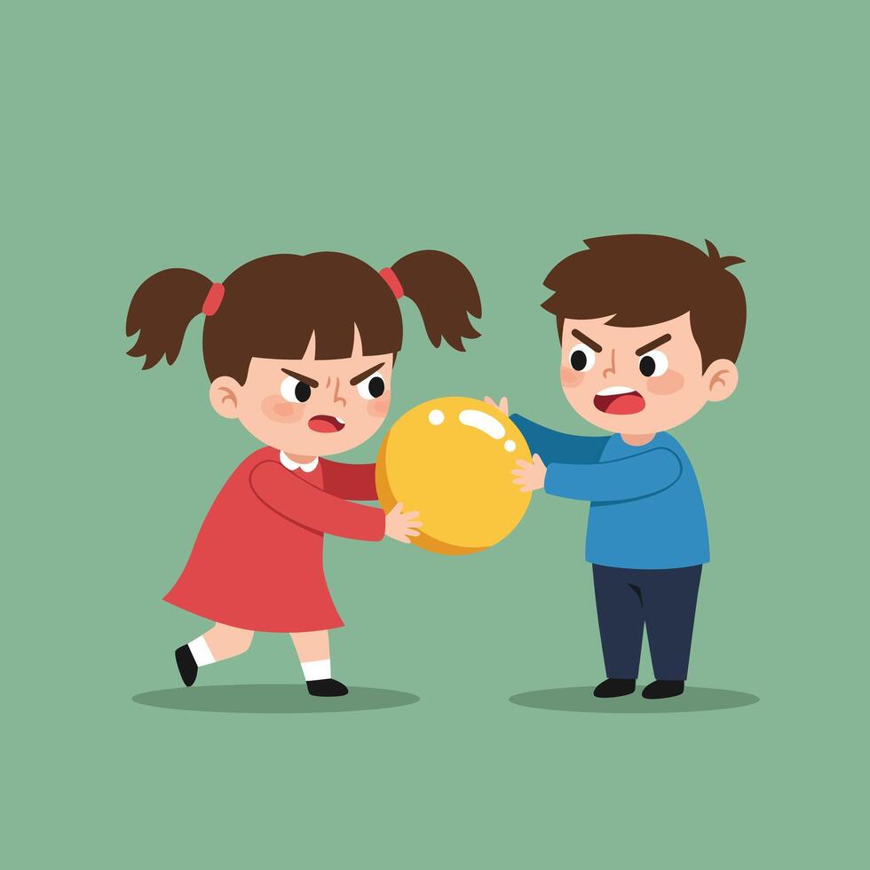 Two children arguing over a yellow ball in flat illustration vector