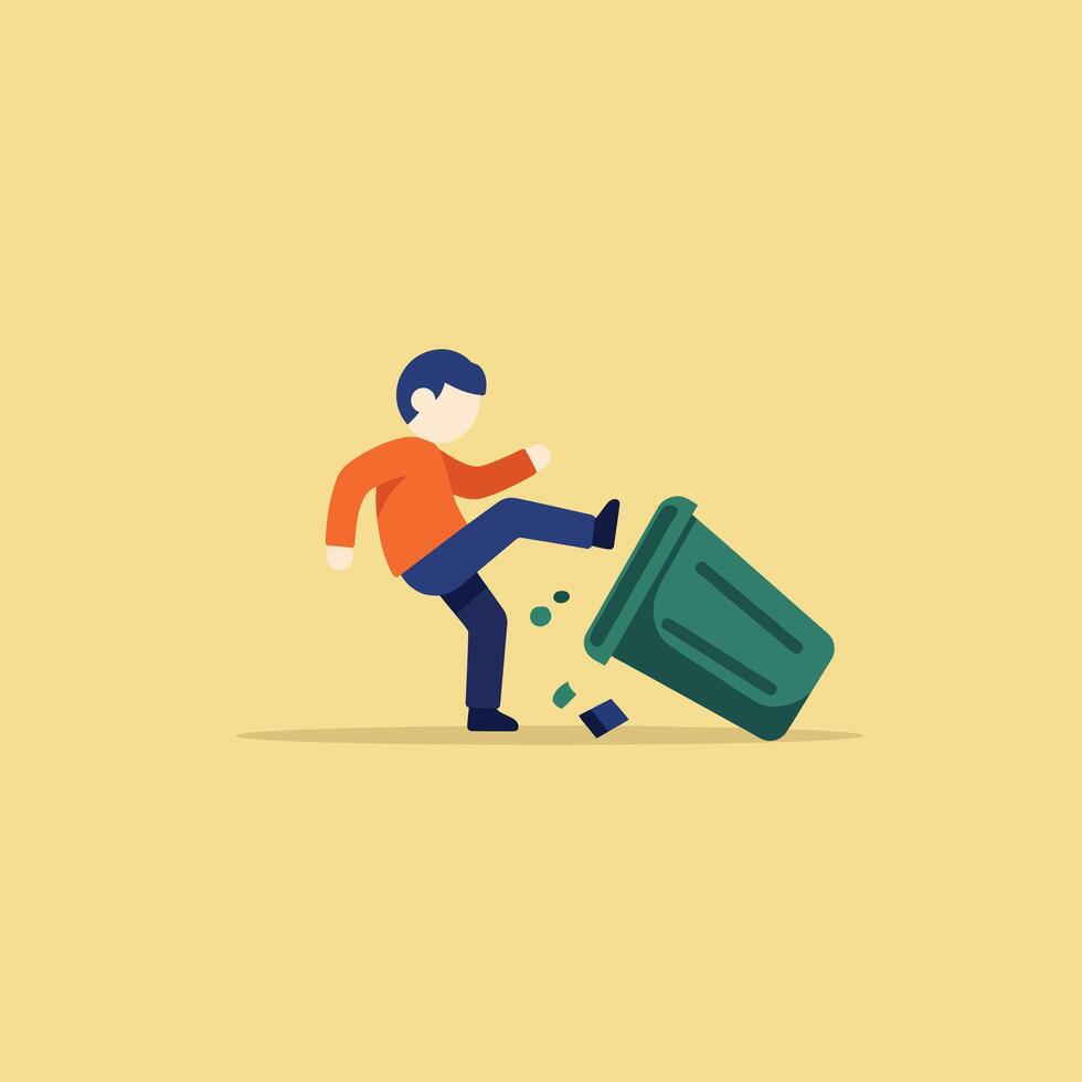 Person kicking over a green trash bin in flat art vector