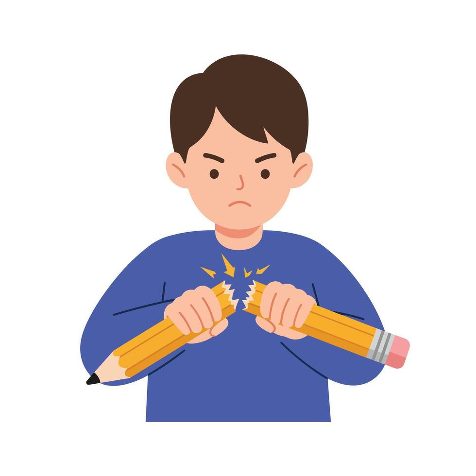 Boy expressing frustration by breaking pencils in flat illustration vector