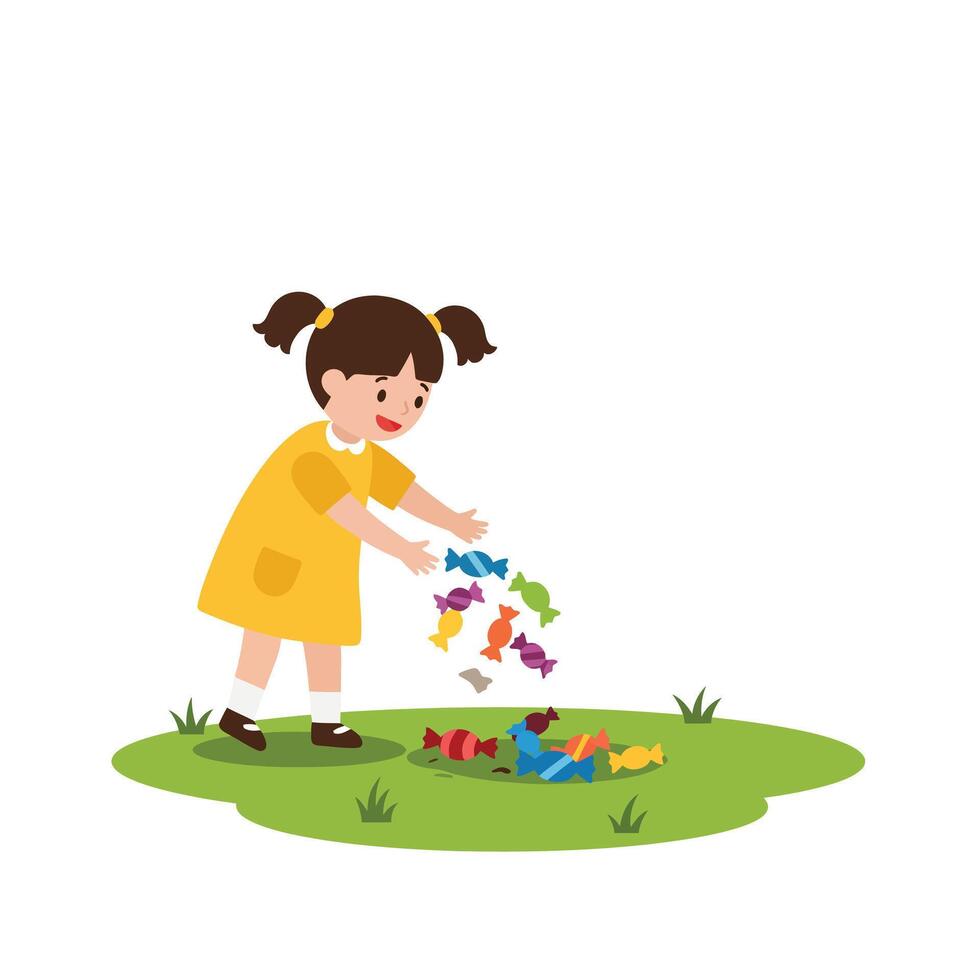 Girl in yellow dress playing with colorful candies in flat art vector