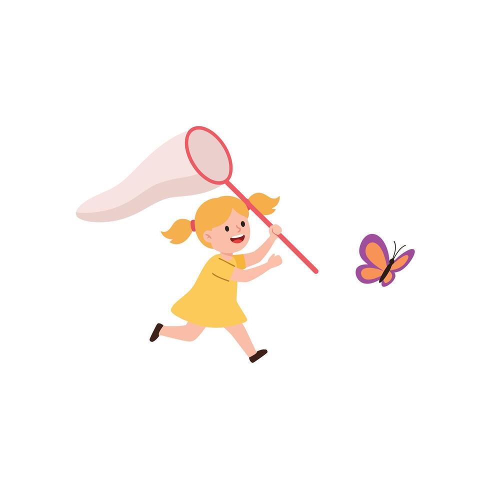 Girl catching a butterfly in a playful pose flat art vector