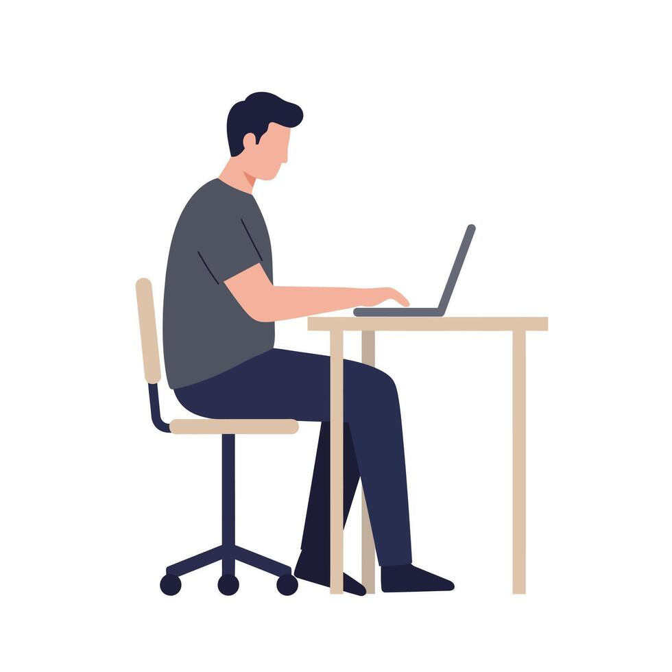 Man sitting at desk using laptop in flat art vector