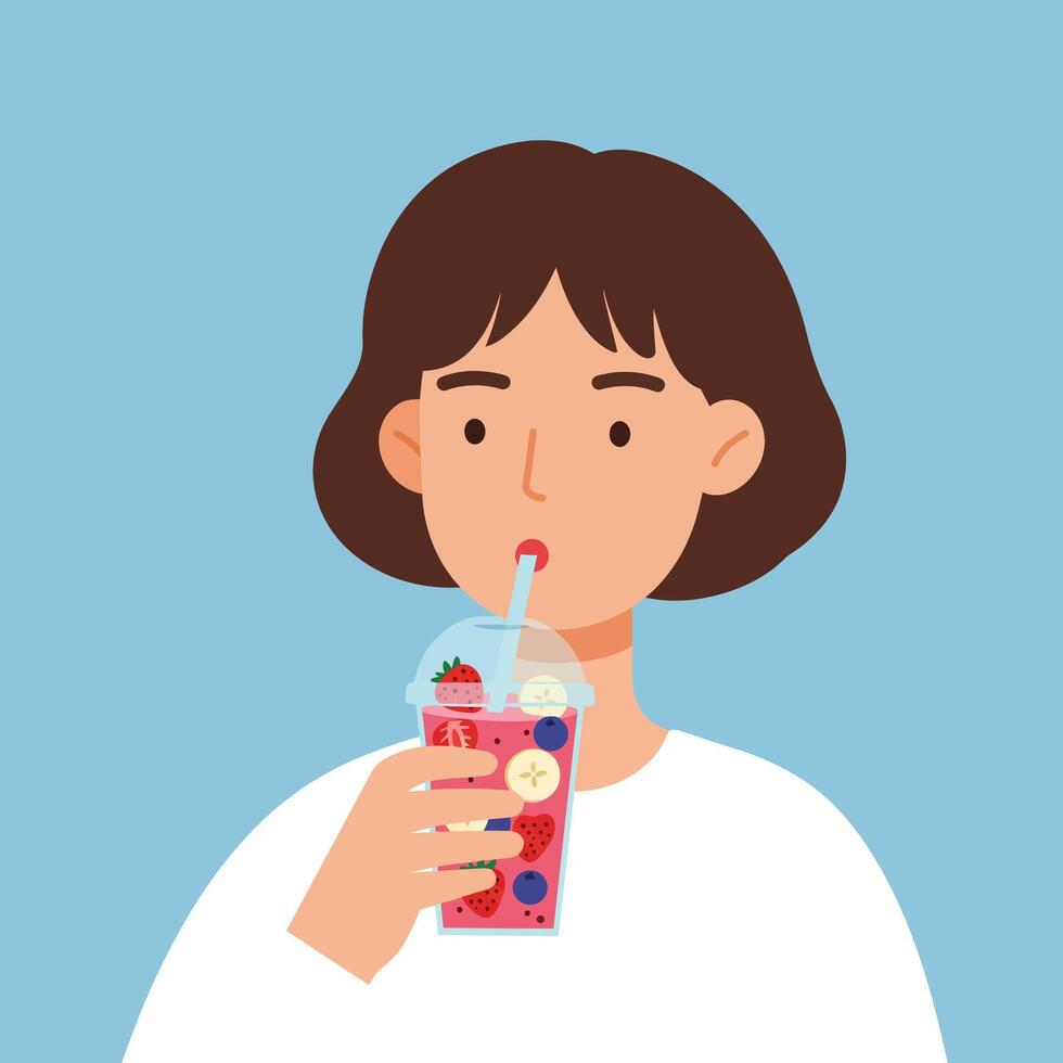 Woman enjoying a colorful drink in a flat and minimal style art vector
