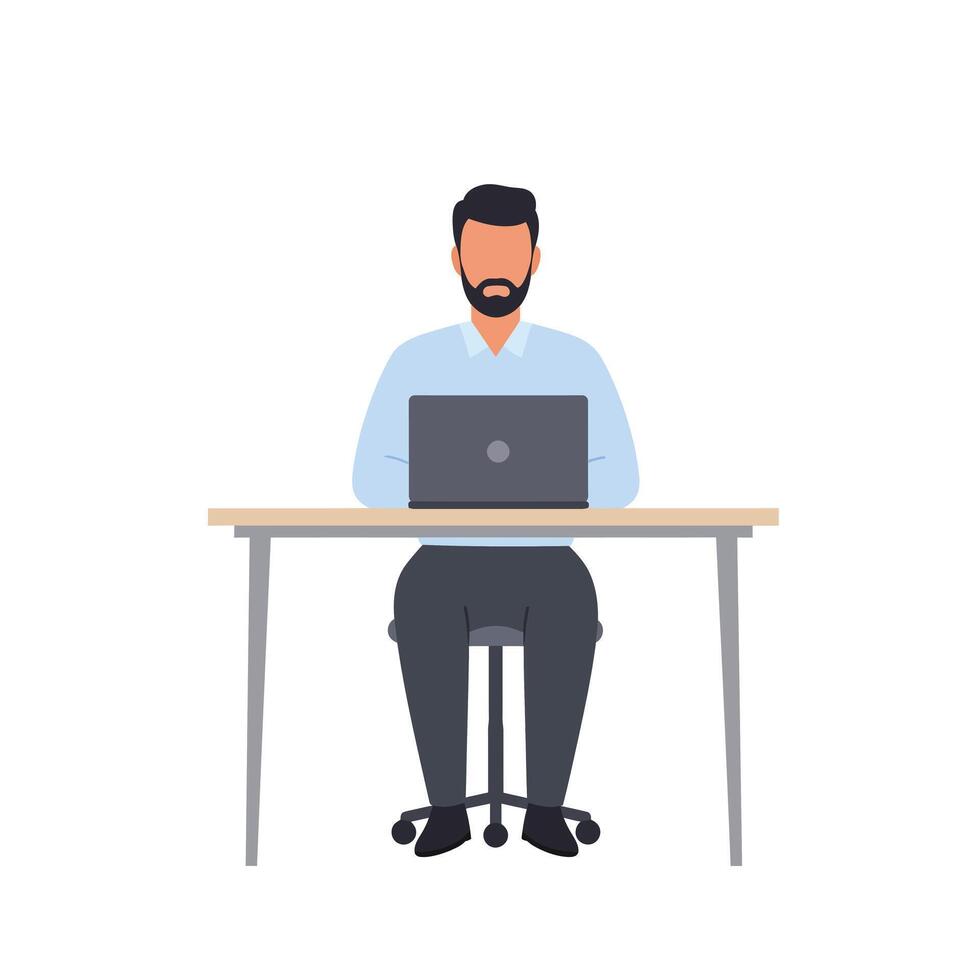 Man working at a desk with a laptop in flat art style vector