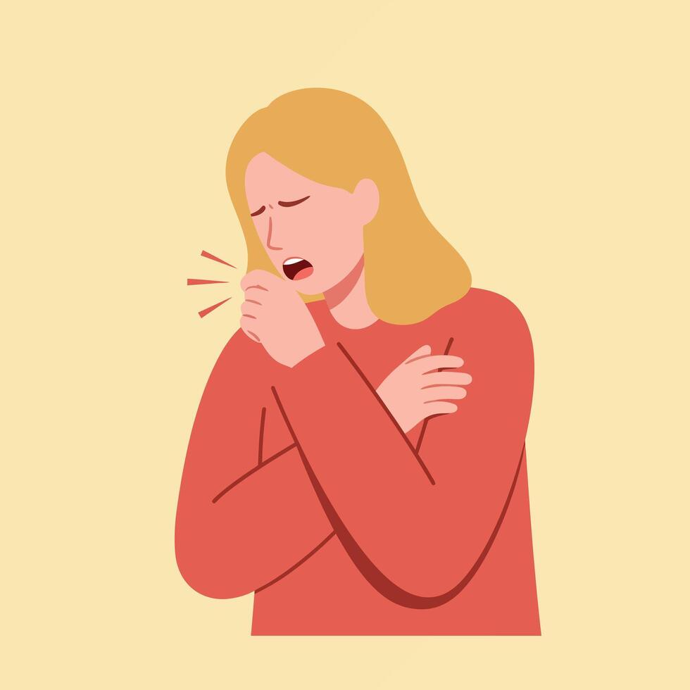 Woman coughing with discomfort in flat minimal illustration vector
