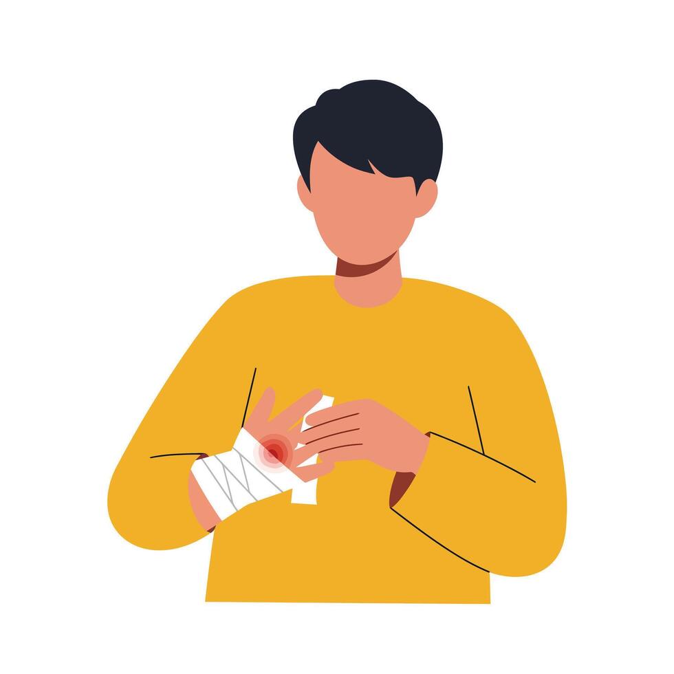 Person with injured hand applying bandage in flat illustration vector