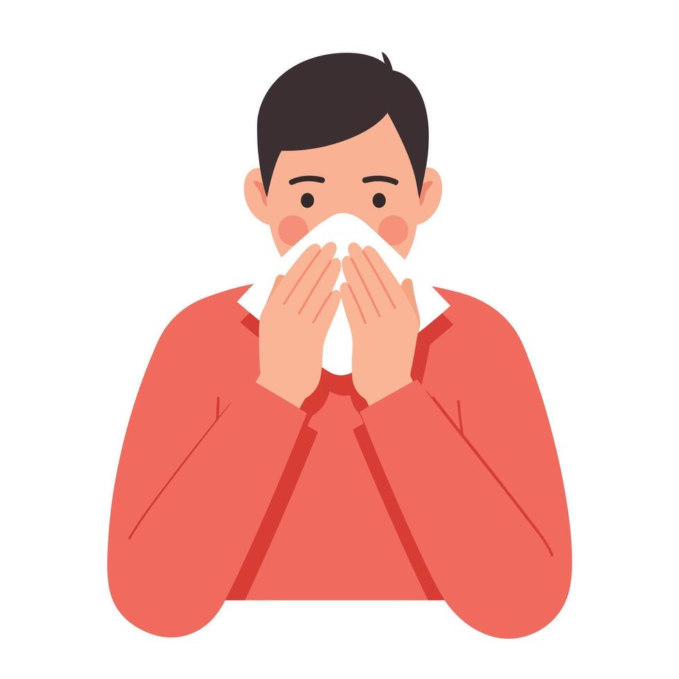 Man sneezing in a cozy sweater flat art style illustration vector