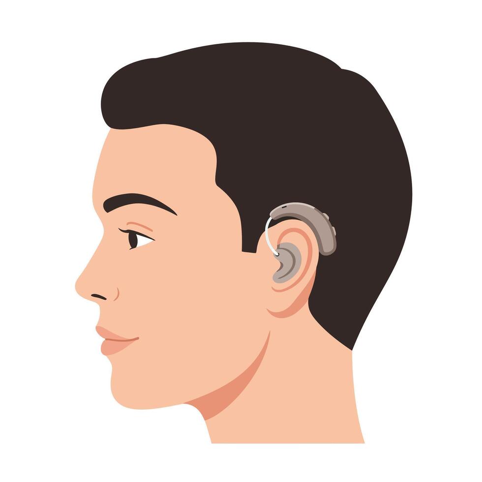 Profile view of a young man with a hearing aid in flat art vector