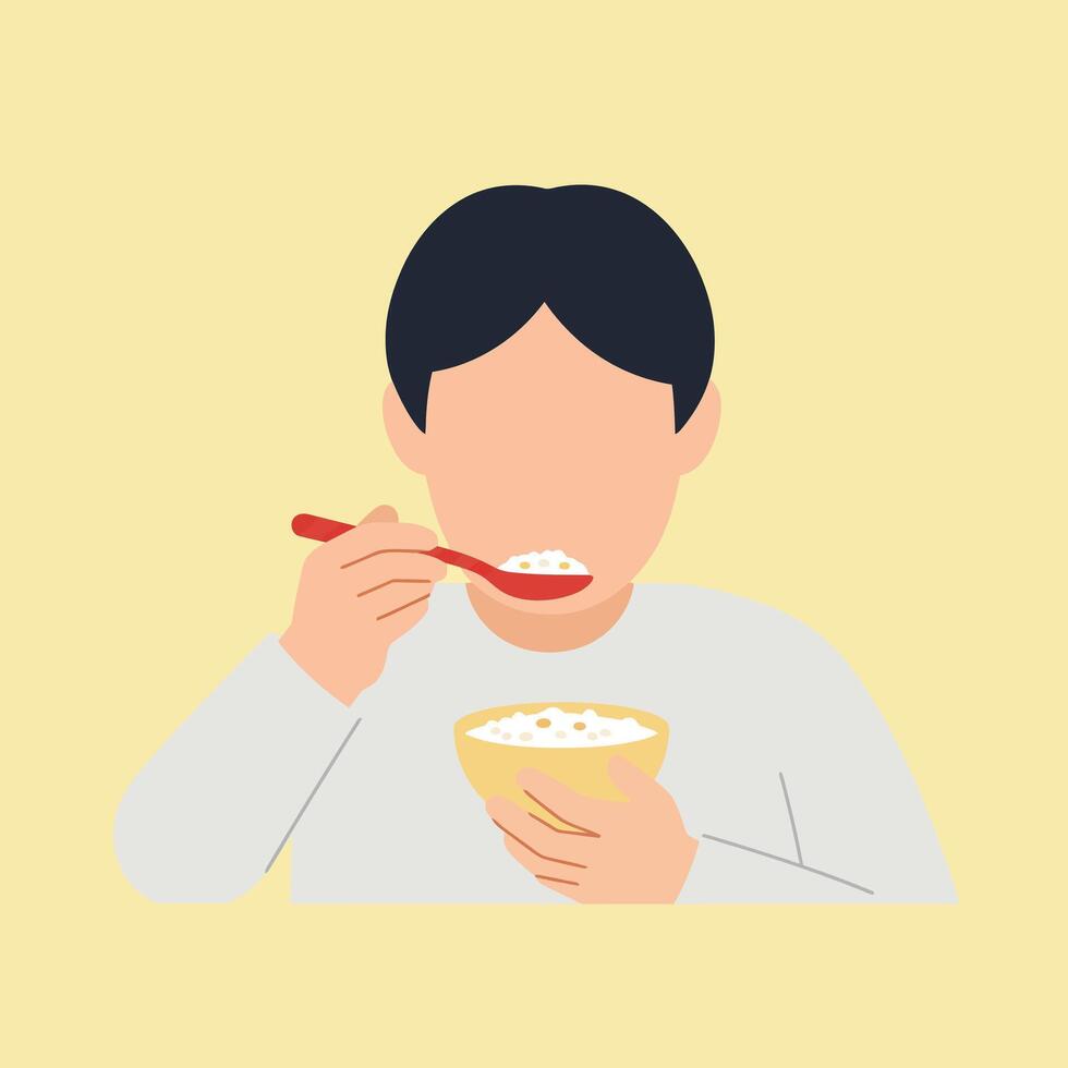 Person enjoying a bowl of food in flat minimal art vector