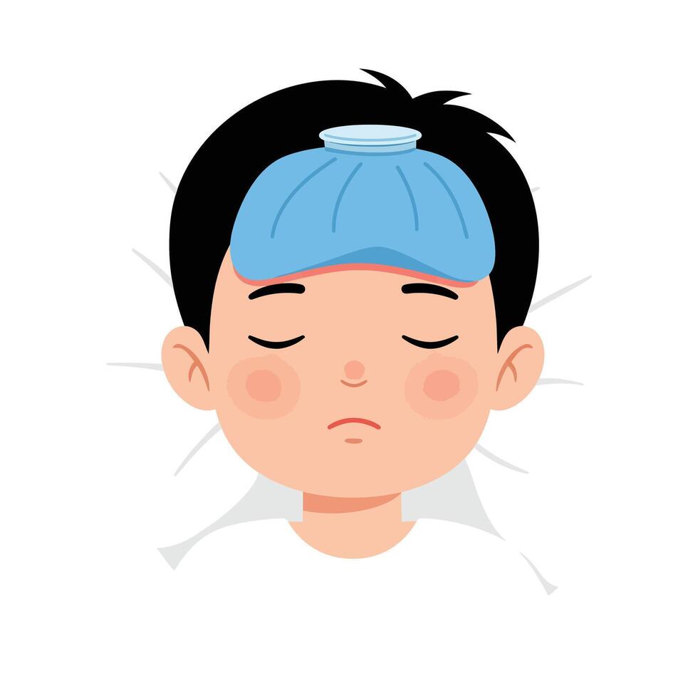 Sick child resting with a cold compress on his forehead in flat art vector